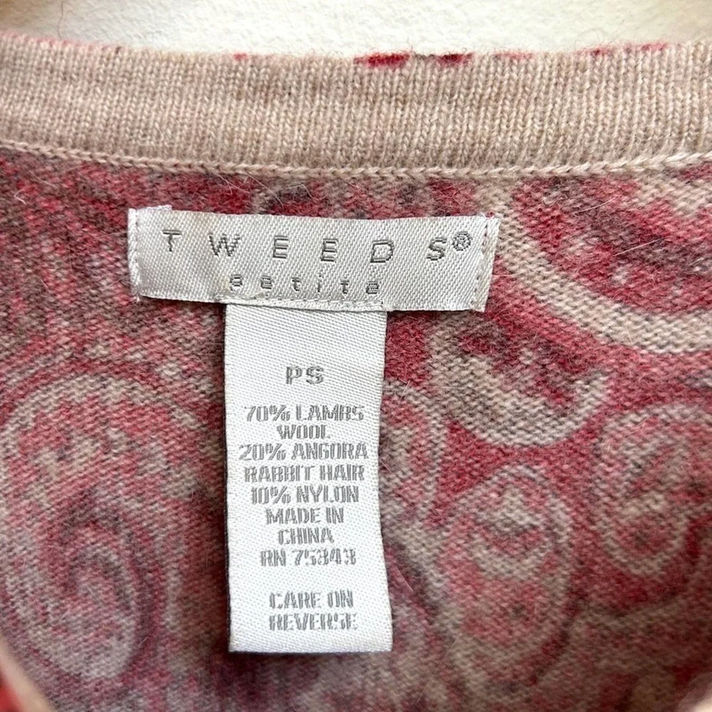 Tweeds Lambs Wool Angora Blend Red Pink Paisley 3/4 Sleeve Cardigan Size Small P